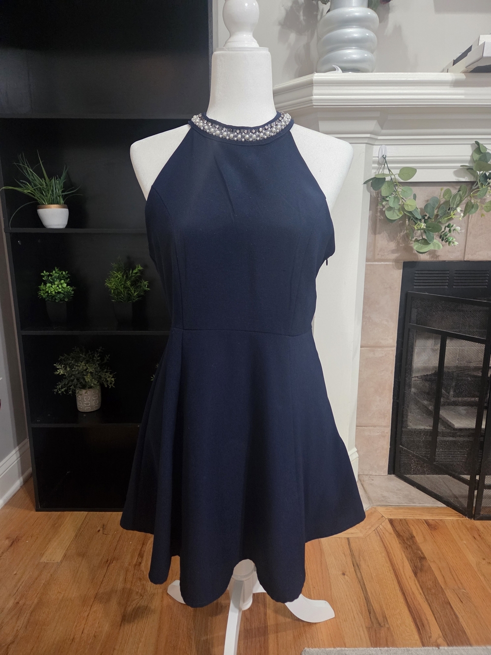 Navy Beaded Halter Fit-and-Flare Dress